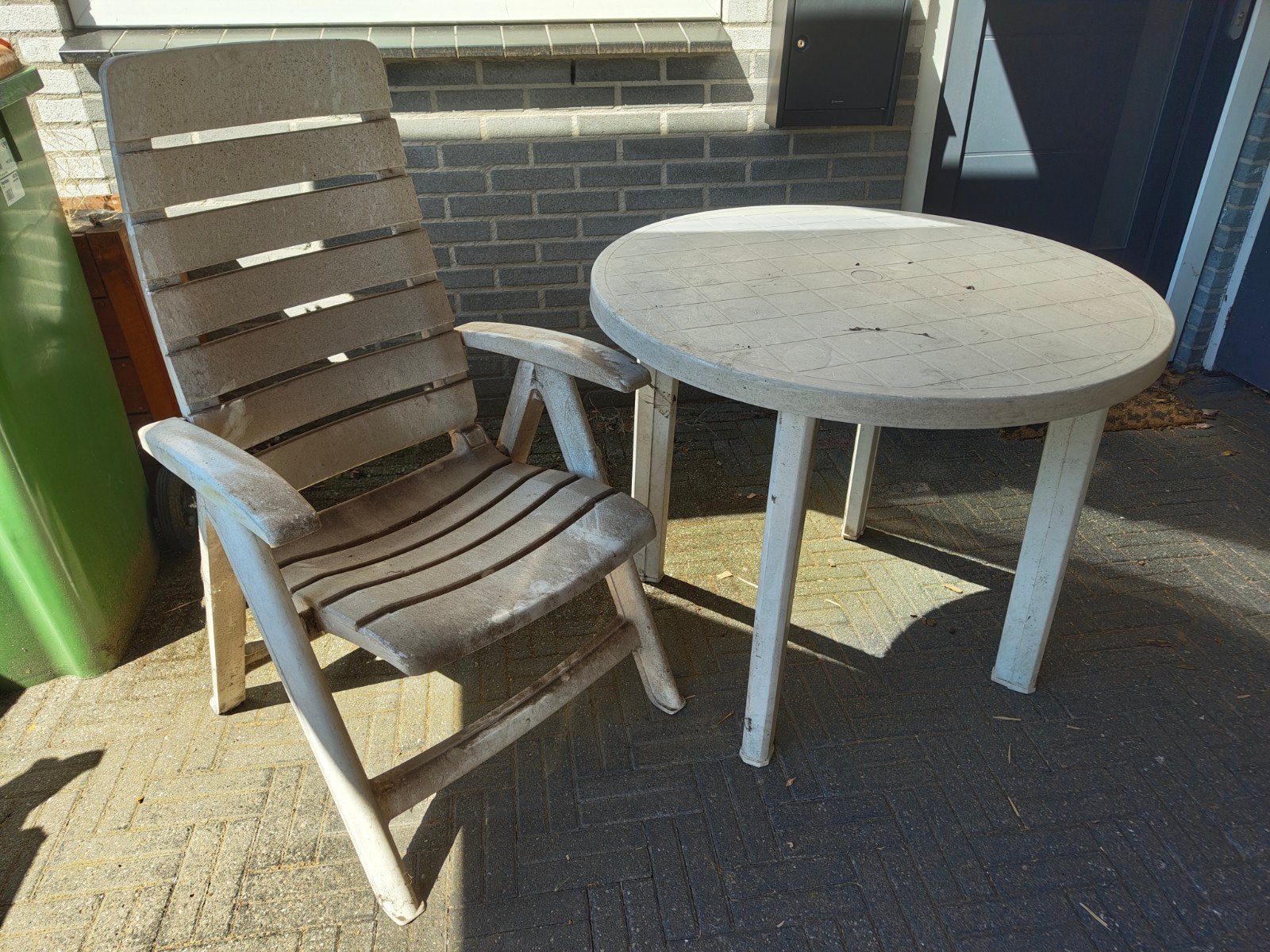 Ronse tuintafel met 5 stoelen en kussens, Ophalen, Gebruikt, Kunststof