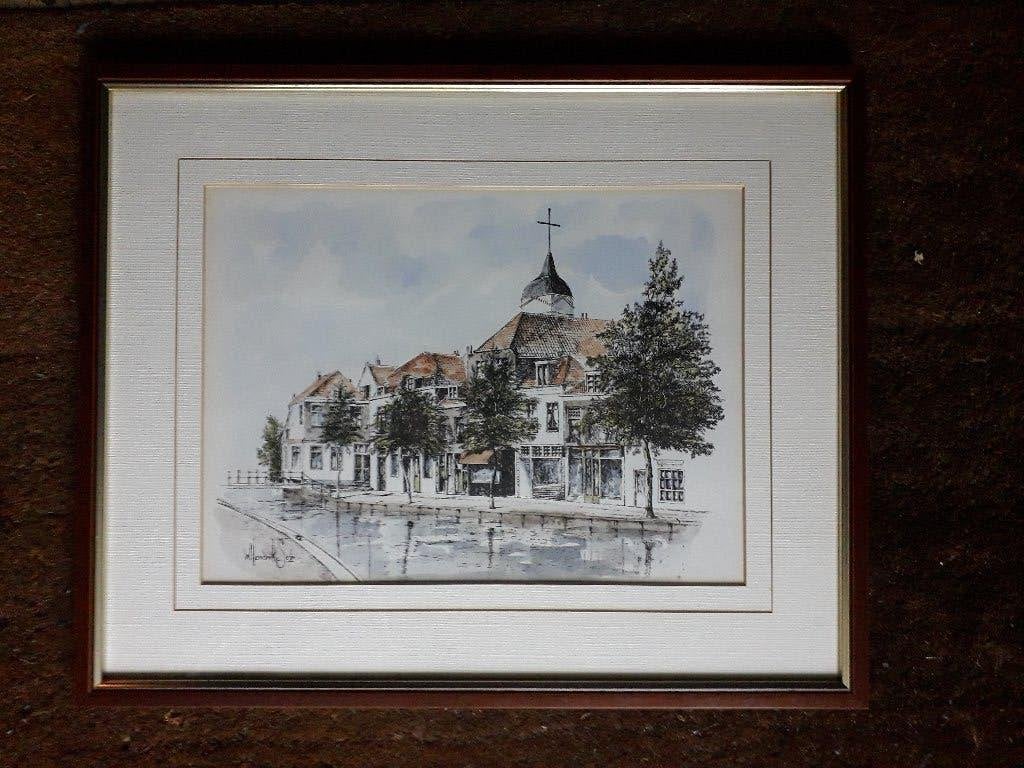 Ingekleurde litho / aquarel Willem Hendrik Setz, Gesigneerd, Ophalen of Verzenden, Landschappen, Ets