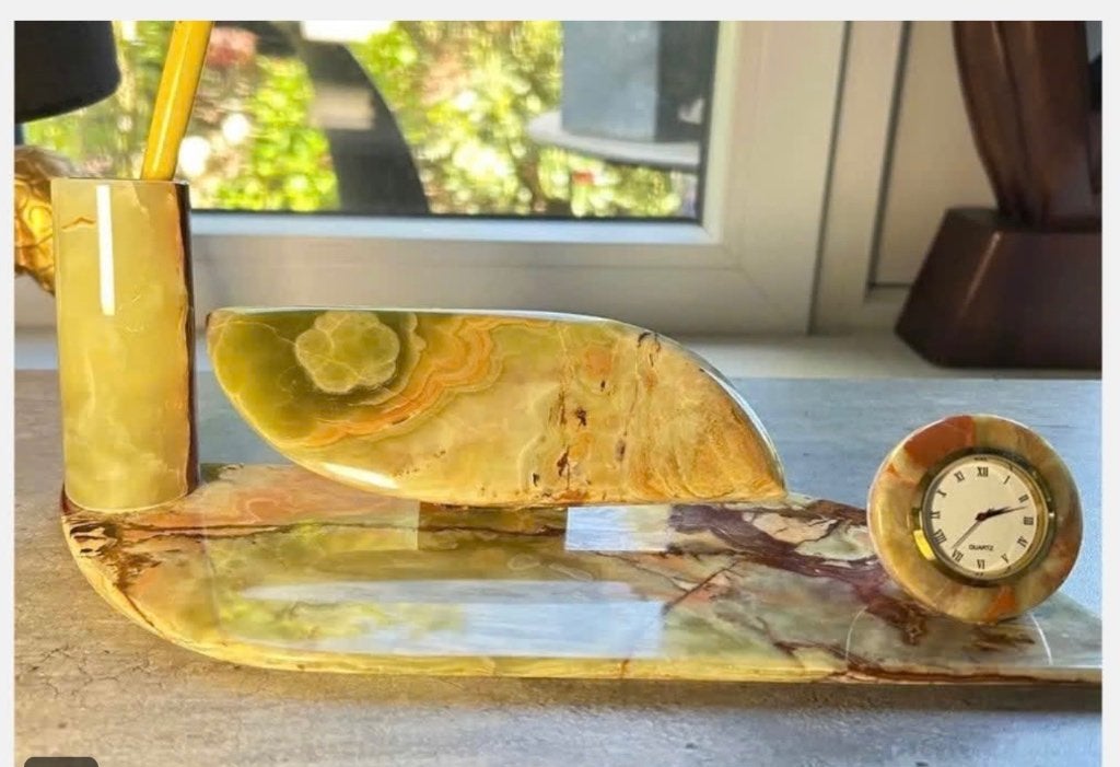 Edelsteen onyx bureau set, klok, penhouder, briefstand, Ophalen of Verzenden, Zo goed als nieuw, X, X