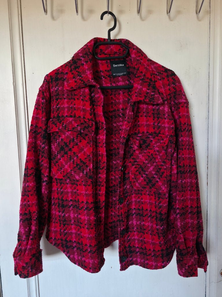 Bershka red and pink, hot pink, checkered jacket, size XS/S, Kleding | Dames, Jasjes, Kostuums en Pakken, Roze, Maat 34 (XS) of kleiner