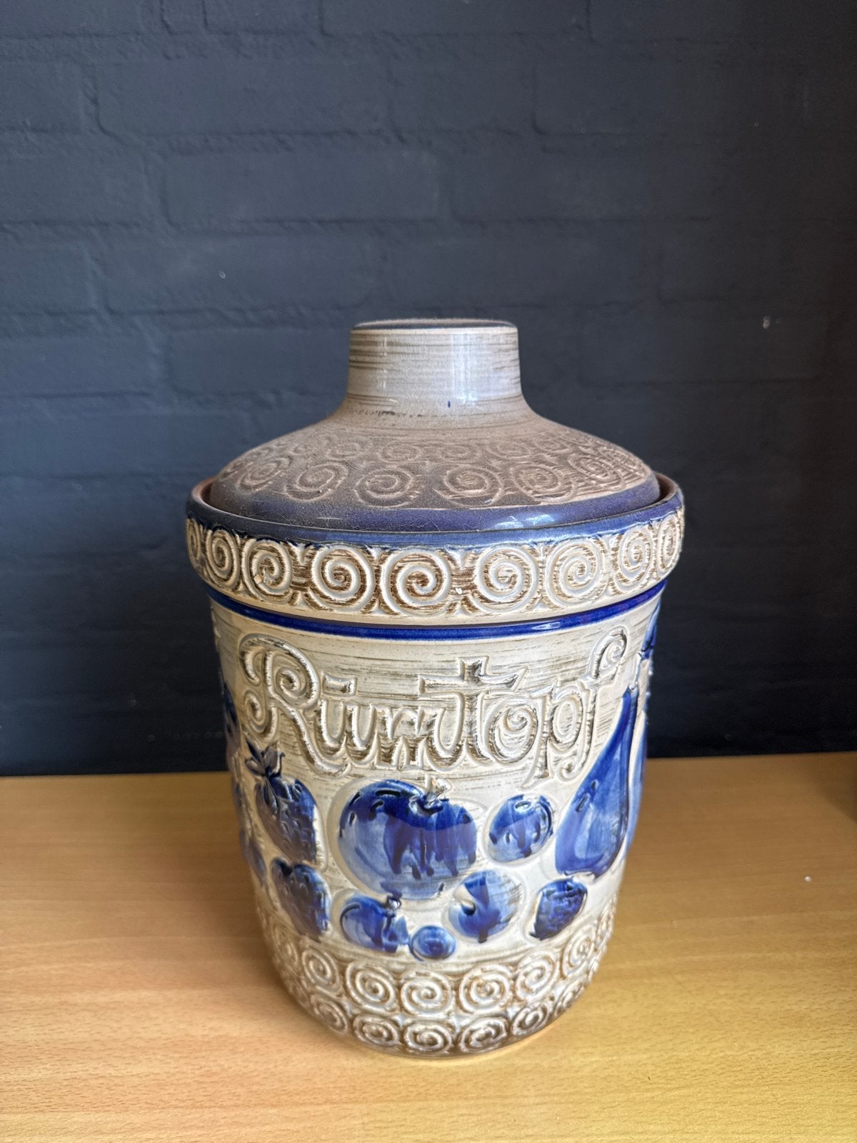 Vintage Rumtopf met deksel - Blauw/bruin aardewerk, Ophalen of Verzenden