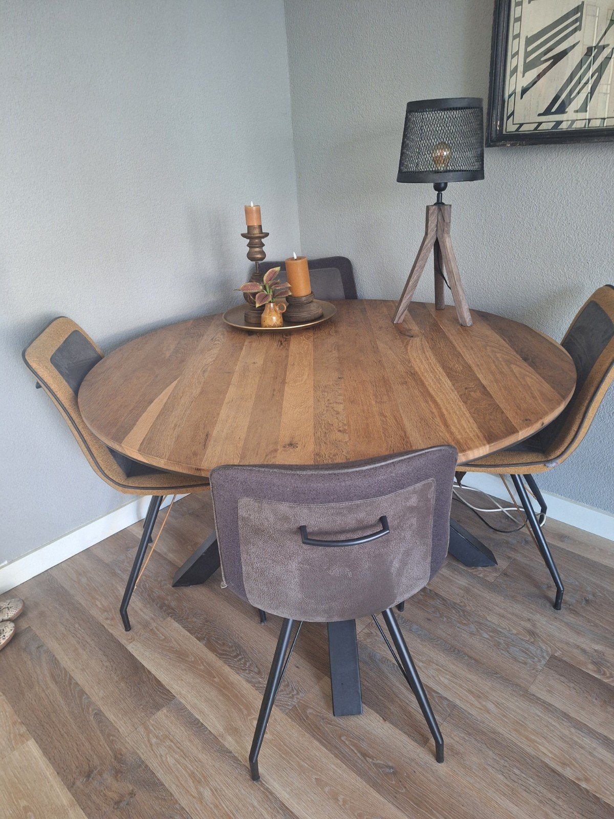 Complete eethoek: ronde tafel met 4 stoelen, Ophalen, Gebruikt, Industrieel, Modern, Scandinavisch, 4 tot 6 stoelen