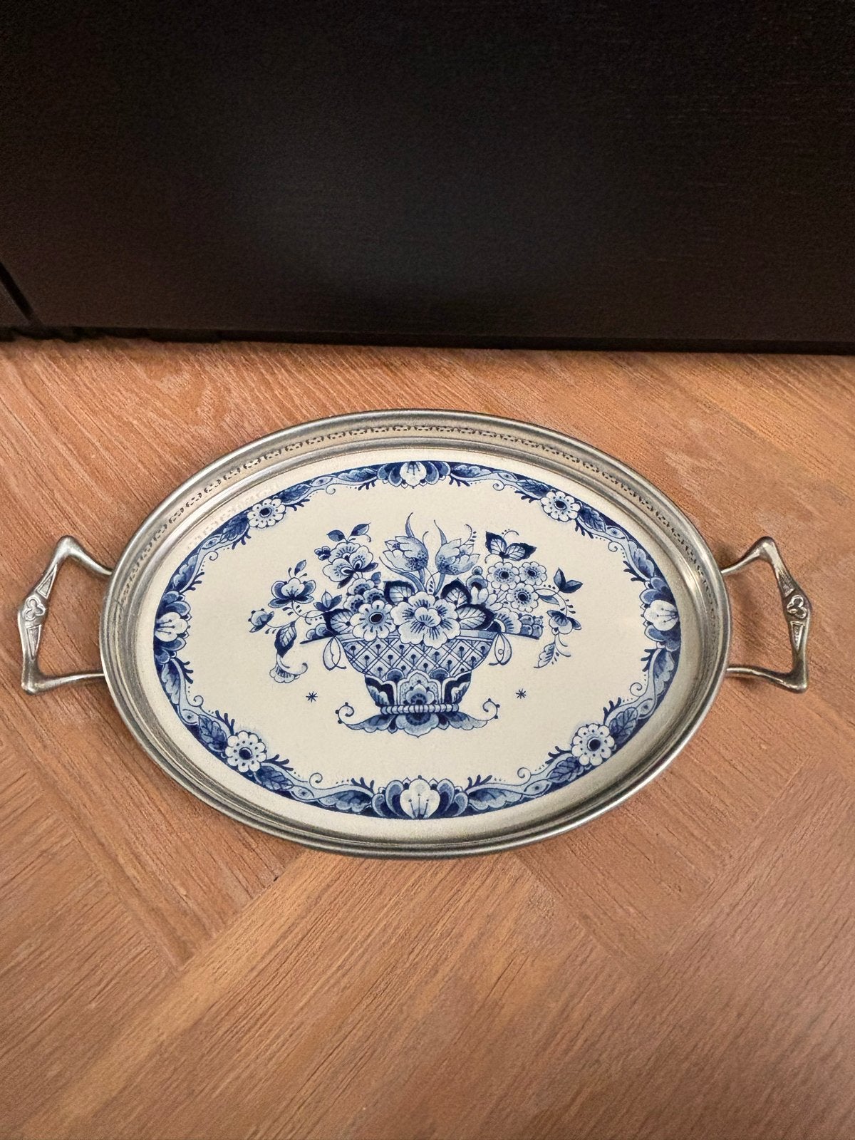 Royal delft roomstelblad delfts blauw bloemen zilvertin, Ophalen of Verzenden