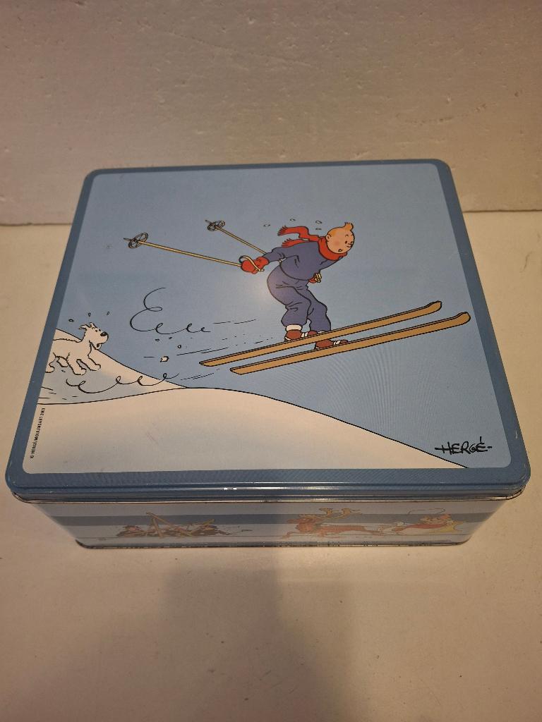 Kuifje en Bobbie aan het skieen - mooi Delacre blik - 2003, Verzamelen, Stripfiguren, Zo goed als nieuw, Gebruiksvoorwerp, Kuifje
