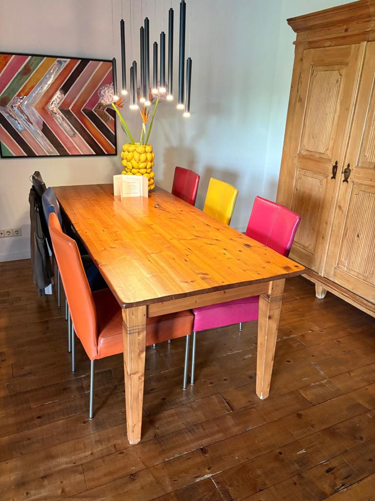 Eettafel met stoelen, Gebruikt, 200 cm of meer, Vijf personen of meer, Grenenhout