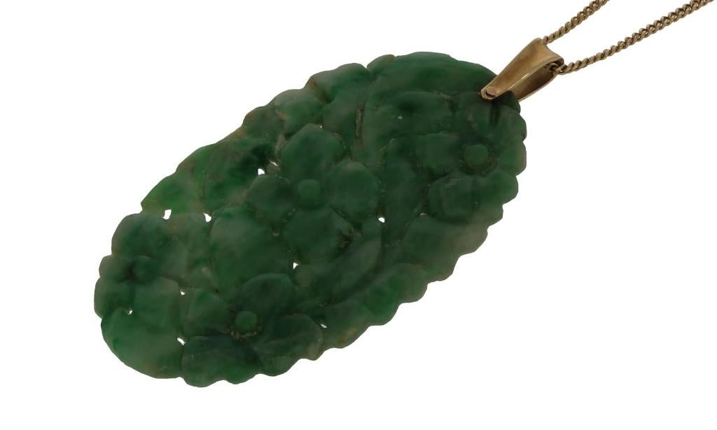 Jade bloem nefriet 14k gouden vintage ketting hanger groot, Verzenden, Goud, Hanger, Met edelsteen