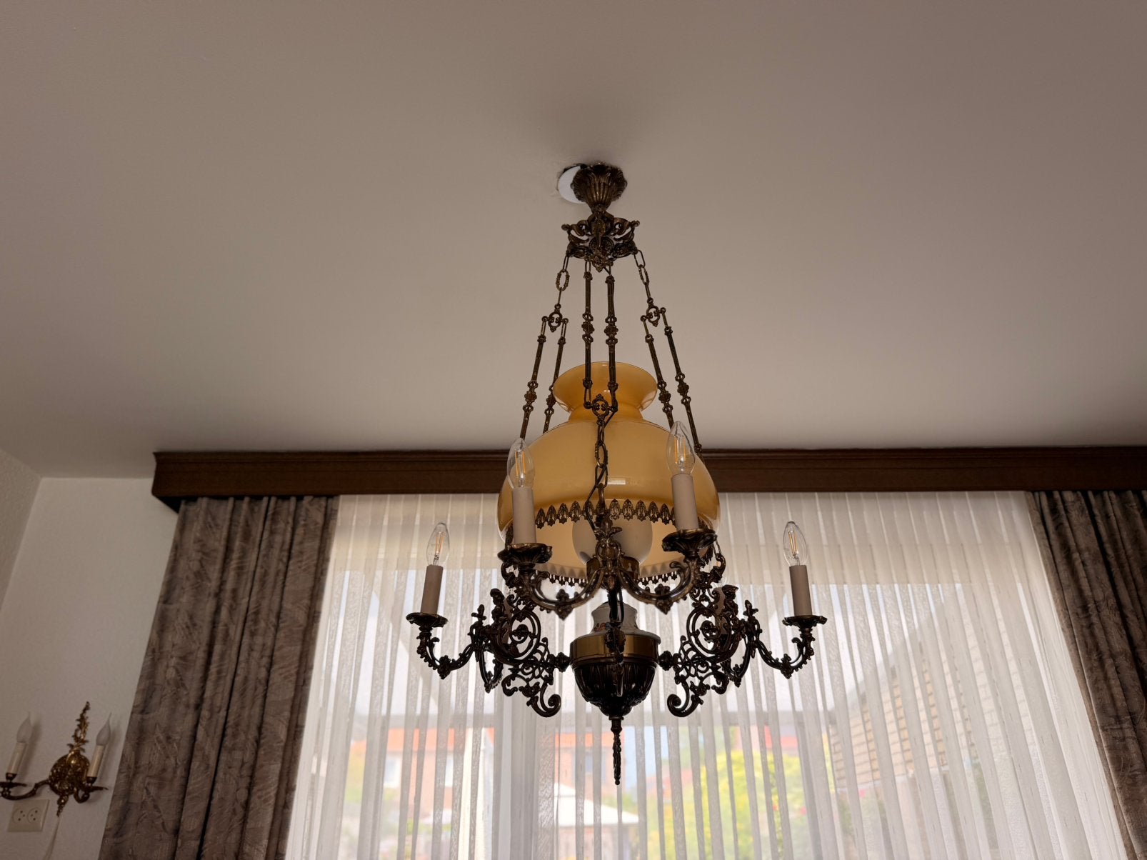 Klassieke bronzen hanglamp met glas, Ophalen, Gebruikt, Glas