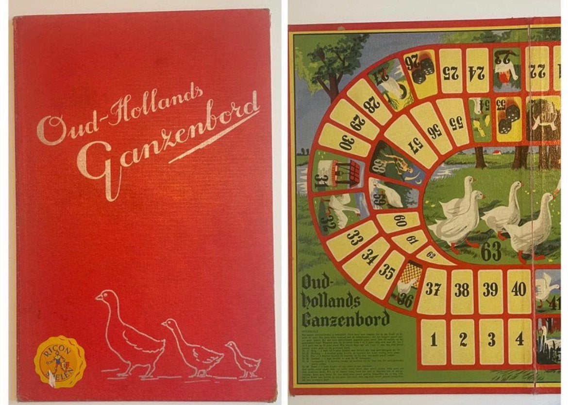Antiek Ricon Oud-Hollands Ganzenbord uit 1953- Vintage Spel, Vijf spelers of meer, Ophalen of Verzenden, Gebruikt