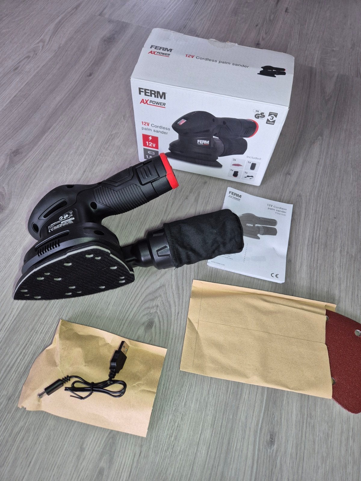 Ferm AX-POWER PSM1046 Accu schuurmachine 12V 1.5Ah, Ophalen of Verzenden, Nieuw, Minder dan 600 watt, Vlakschuurmachine