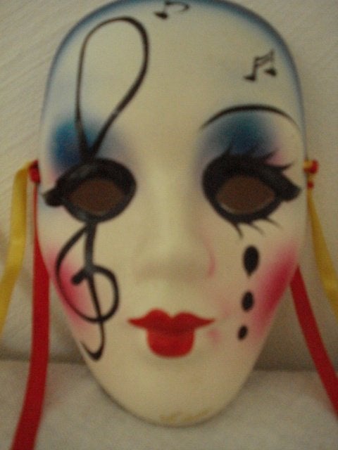 Vintage set van 4 porseleinen harlekijngezichtsmaskers, Gebruikt, Decoratieobject, Steen/keramiek, Ophalen of Verzenden