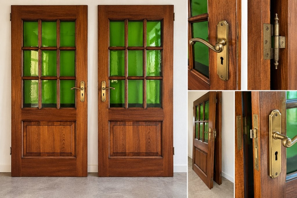 2 klassieke houten deuren met glas en messing deurbeslag, Ophalen, Gebruikt, 80 tot 100 cm, Binnendeur