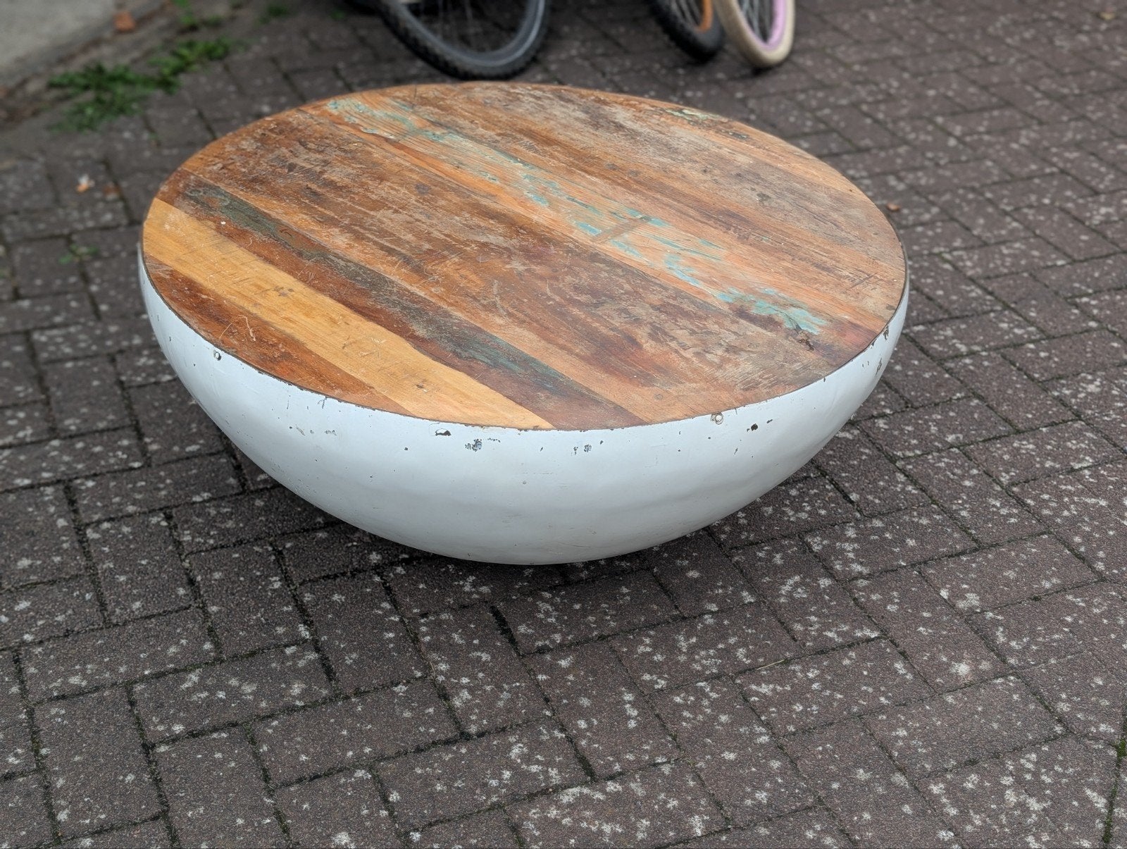 Industriële kom tafel van staal met hout, Ophalen