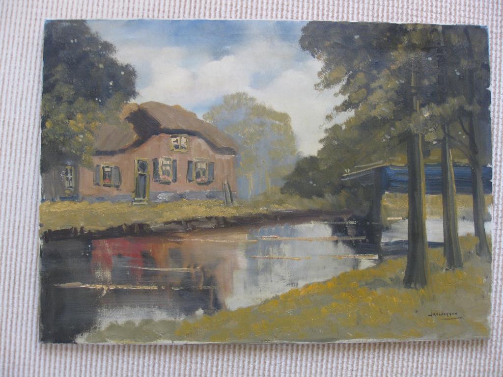 J. Kelderman. Boerderij aan het water, olieverf op doek., Ophalen of Verzenden