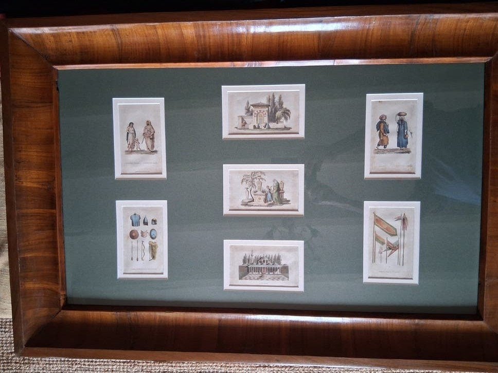 Set van 7 handgekleurde Ottomaanse gravures, 19e eeuw, Antiek en Kunst, Kunst | Etsen en Gravures, 1800 - 1899, Architectuur, Ophalen of Verzenden