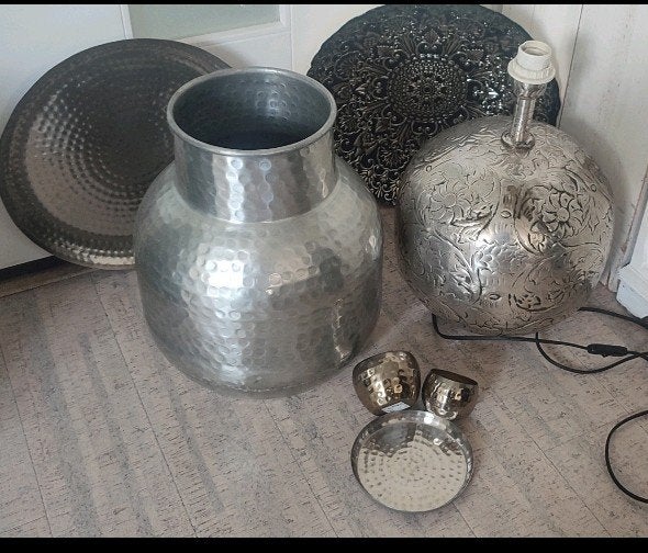 Zilverkleurige Vintage Decoratie: Lamp, Vaas / kan, Schalen, Ophalen of Verzenden