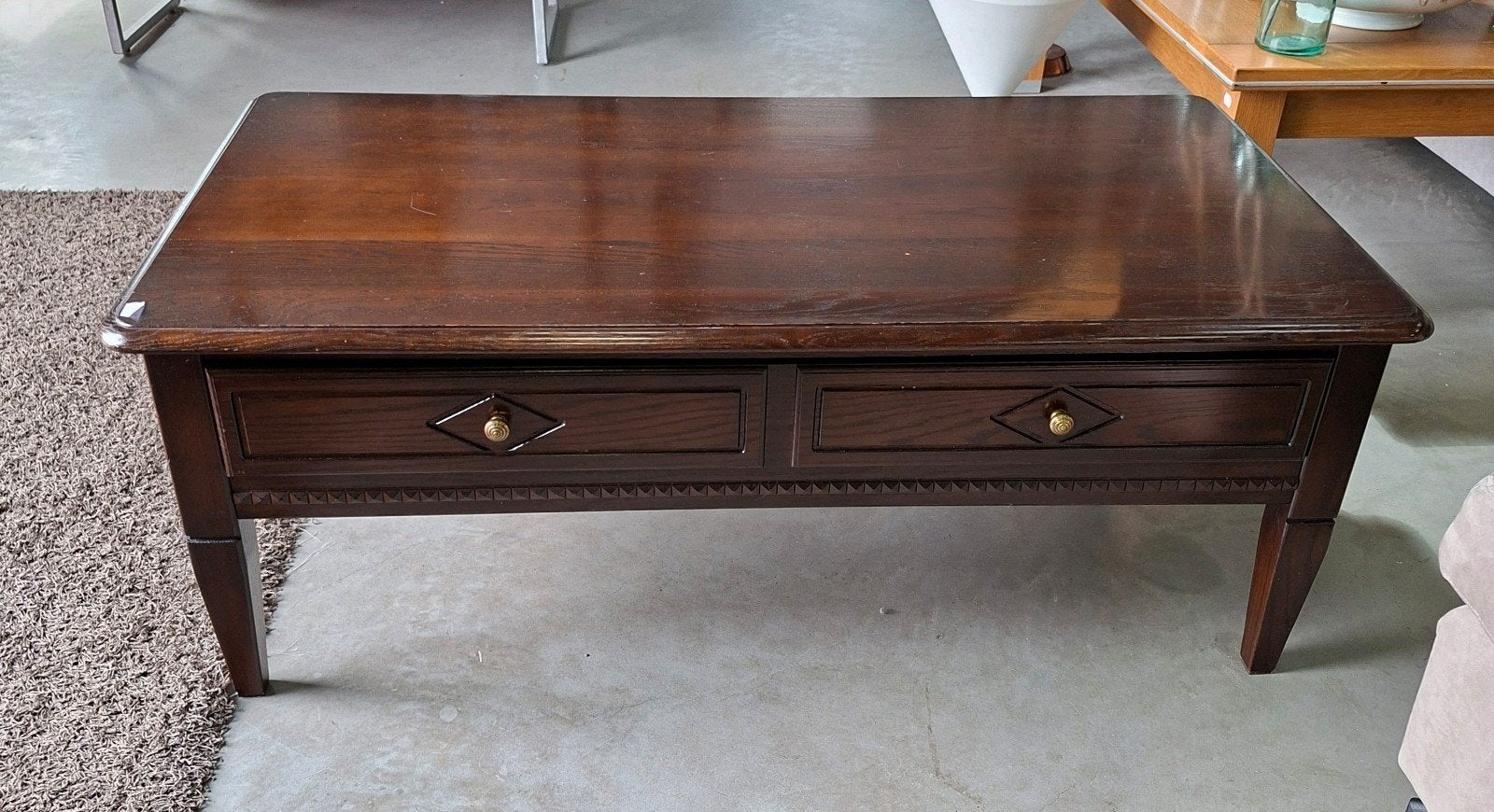 Salontafel | 125x65x48 cm | donkerbruin | lade | massief, Ophalen, 100 tot 150 cm, Klassiek, Eikenhout