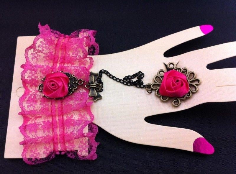 Roze kanten roosjes armband met ring, Ophalen of Verzenden, Nieuw, Roze, Overige materialen