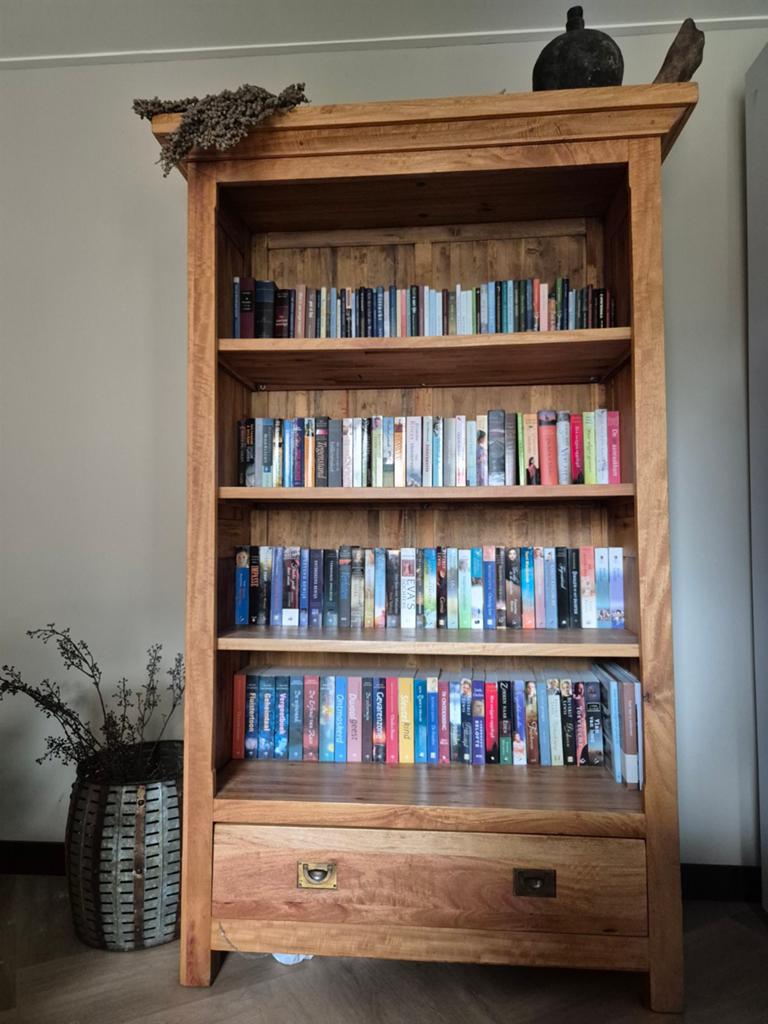 Massief Teakhouten Boekenkast met Lade - Country Lifestyle, Ophalen, Met plank(en), 100 tot 150 cm, Teakhout
