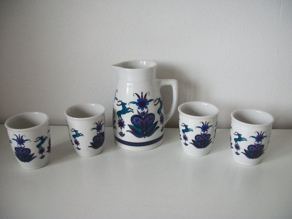 Glühwein set - Kan en 4 Bekers - Wit Blauw Paars - zgan, Overige typen, Ophalen of Verzenden, Zo goed als nieuw, Overige stijlen