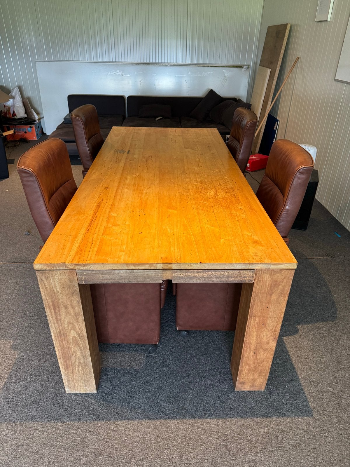 Grote eettafel met lederen stoelen (225x100x78cm), Huis en Inrichting, Ophalen, Gebruikt, 200 cm of meer, 50 tot 100 cm