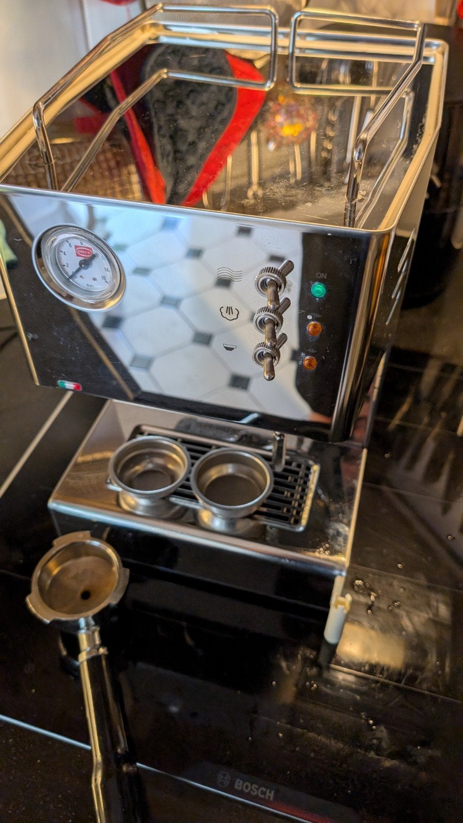 Quick Mill 3004 Espressomachine - zgan RVS dubbele boiler, Witgoed en Apparatuur, Koffiezetapparaten, Stoompijpje, Gebruikt, Espresso apparaat