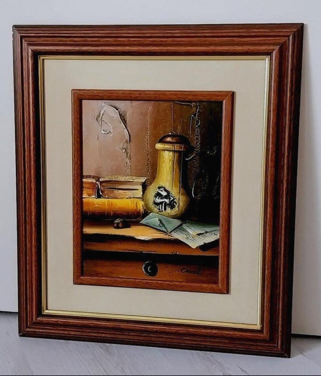 Olieverfschilderij Stilleven met boeken en fles, Doek, Realistisch, Stilleven, Ophalen of Verzenden