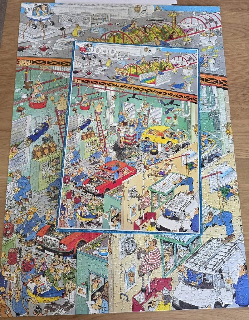 Legpuzzel Jan van Haasteren - Cars in the Make, Hobby en Vrije tijd, Denksport en Puzzels, Ophalen, 500 t/m 1500 stukjes, Gebruikt