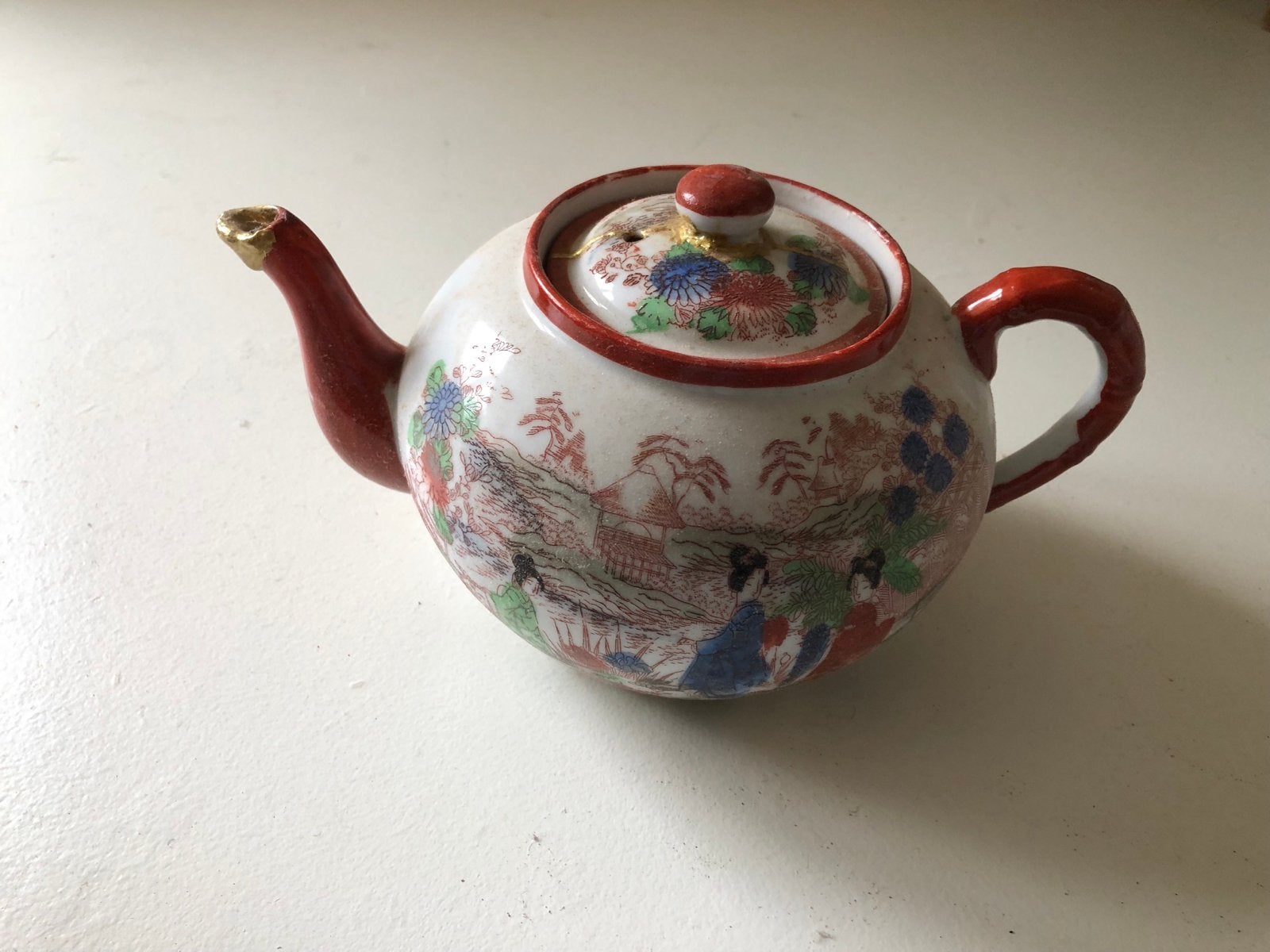 Vintage Japans theeservies met handgeschilderde decoratie, Ophalen of Verzenden
