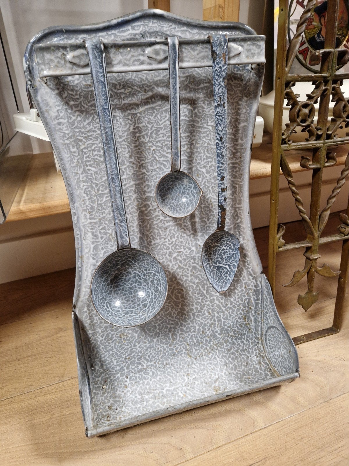 Vintage Emaille Lepelrek met Lepels - Gewolkt Grijs, Ophalen of Verzenden