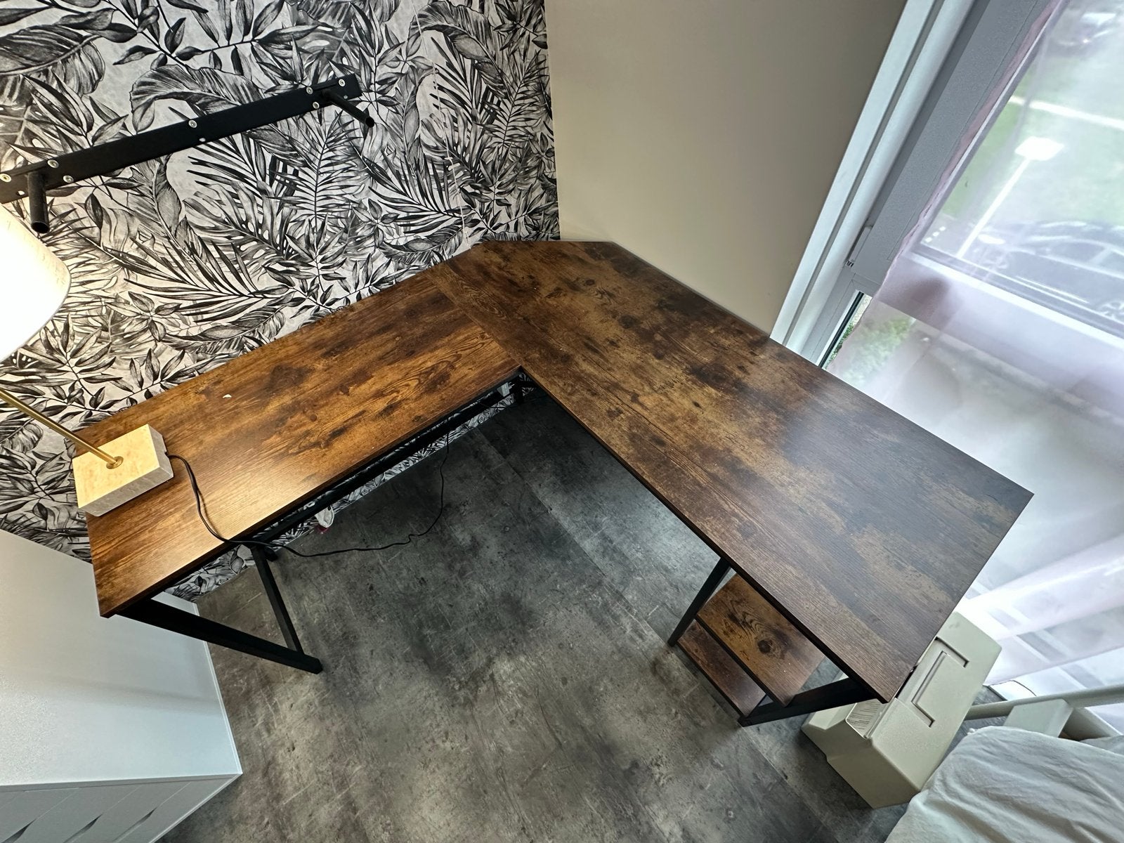 Zwart/hout hoekbureau met schappen 140x140x50cm. 76cm hoog., Ophalen, Metaal, Zo goed als nieuw, Industrieel