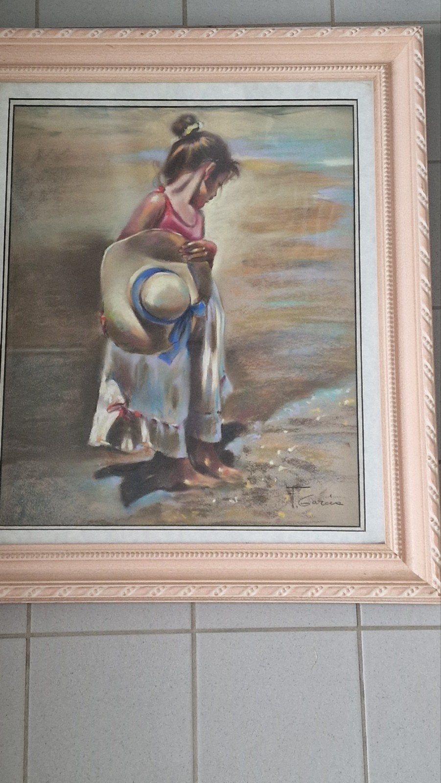 F. Garcia Origineel Pastel Achter Glas - Meisje aan Zee, Antiek en Kunst, Ophalen of Verzenden