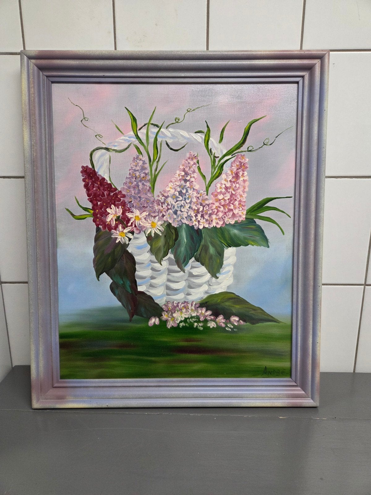 olieverf schilderij met lijst, bloemen hyacinten met mand, Ophalen