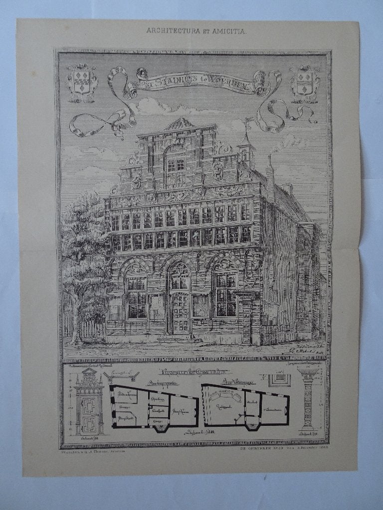 Fotolitho Stadhuis Woerden G. van Arkel 1885, Antiek en Kunst, Origineel, Ophalen of Verzenden, Overige onderwerpen, Overige techniek