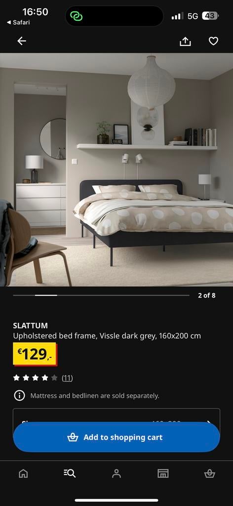 IKEA Slattum bedframe Vissle donkergrijs 160x200 (excl. matr, Ophalen, Tweepersoons, Zo goed als nieuw, 200 cm