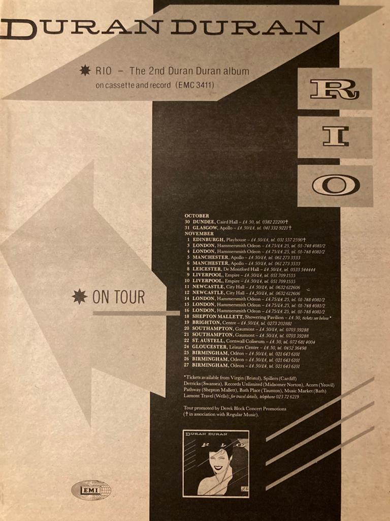 Paginagrote A3 advertentie DURAN DURAN Rio tour, Ophalen of Verzenden, Zo goed als nieuw