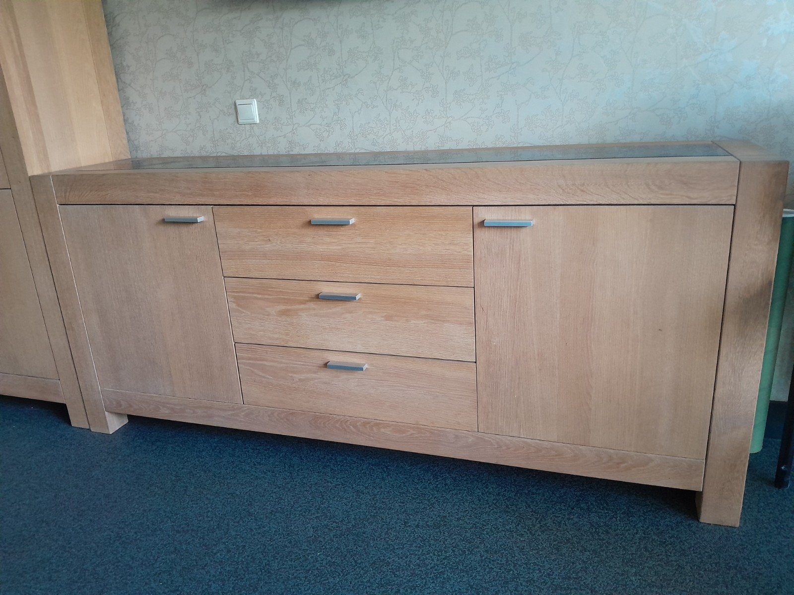 Eikenhouten dressoir met natuurstenen blad, Ophalen, Met lade(s), Zo goed als nieuw, 200 cm of meer