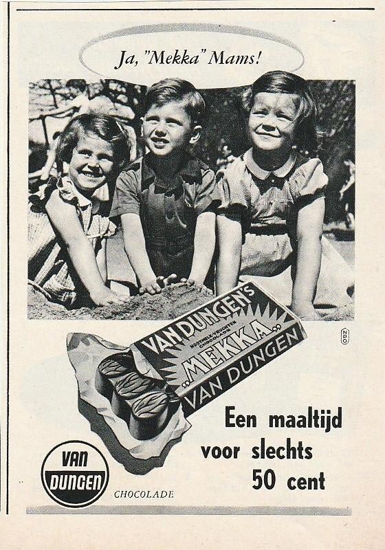 Retro reclame 1954 Van Dungen chocolade kindjes Mekka, Verzamelen, Retro, Verzenden, Overige typen