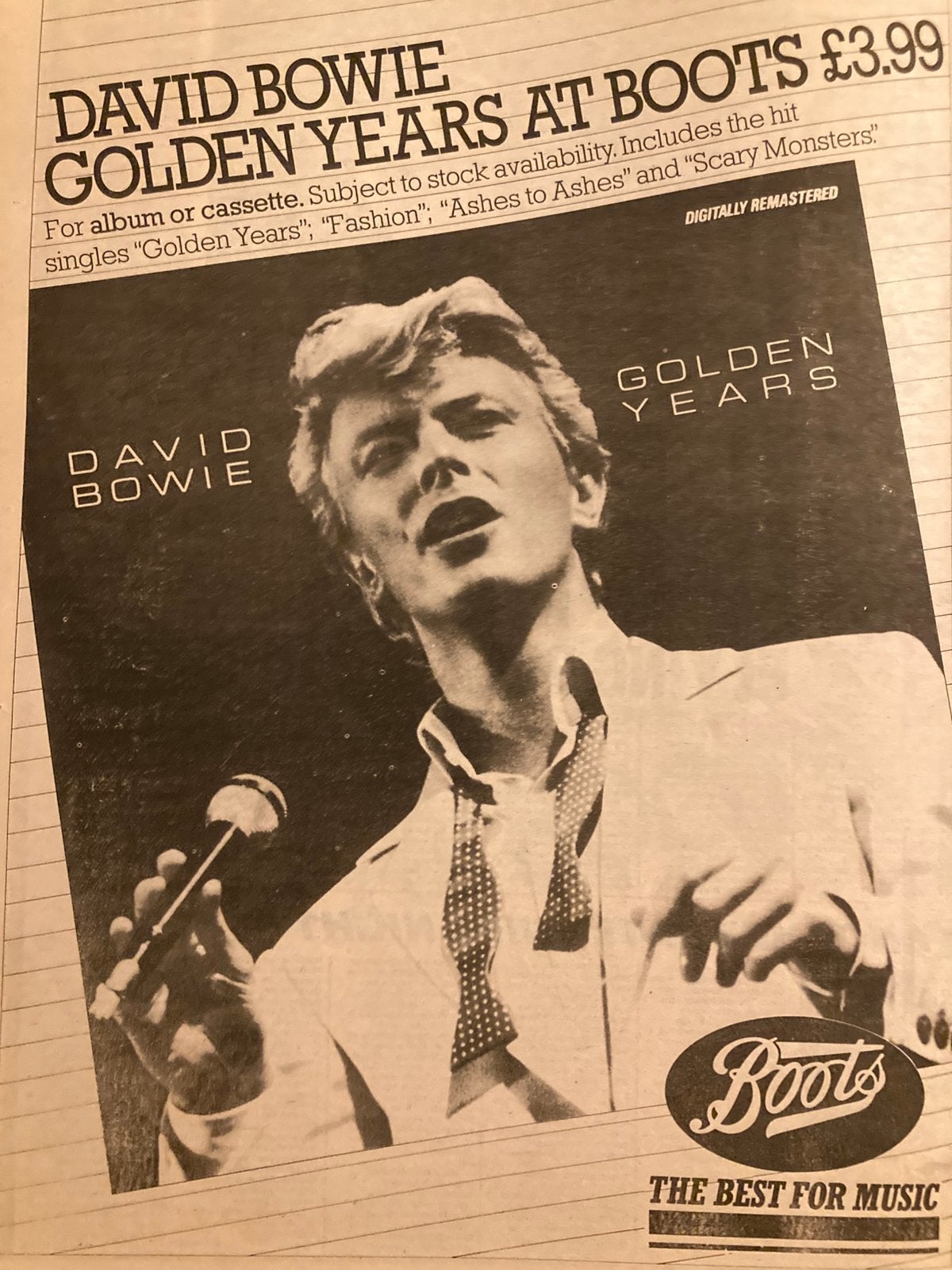 Paginagrote A3 advertentie DAVID BOWIE Golden Years release, Verzamelen, Ophalen of Verzenden, A1 t/m A3