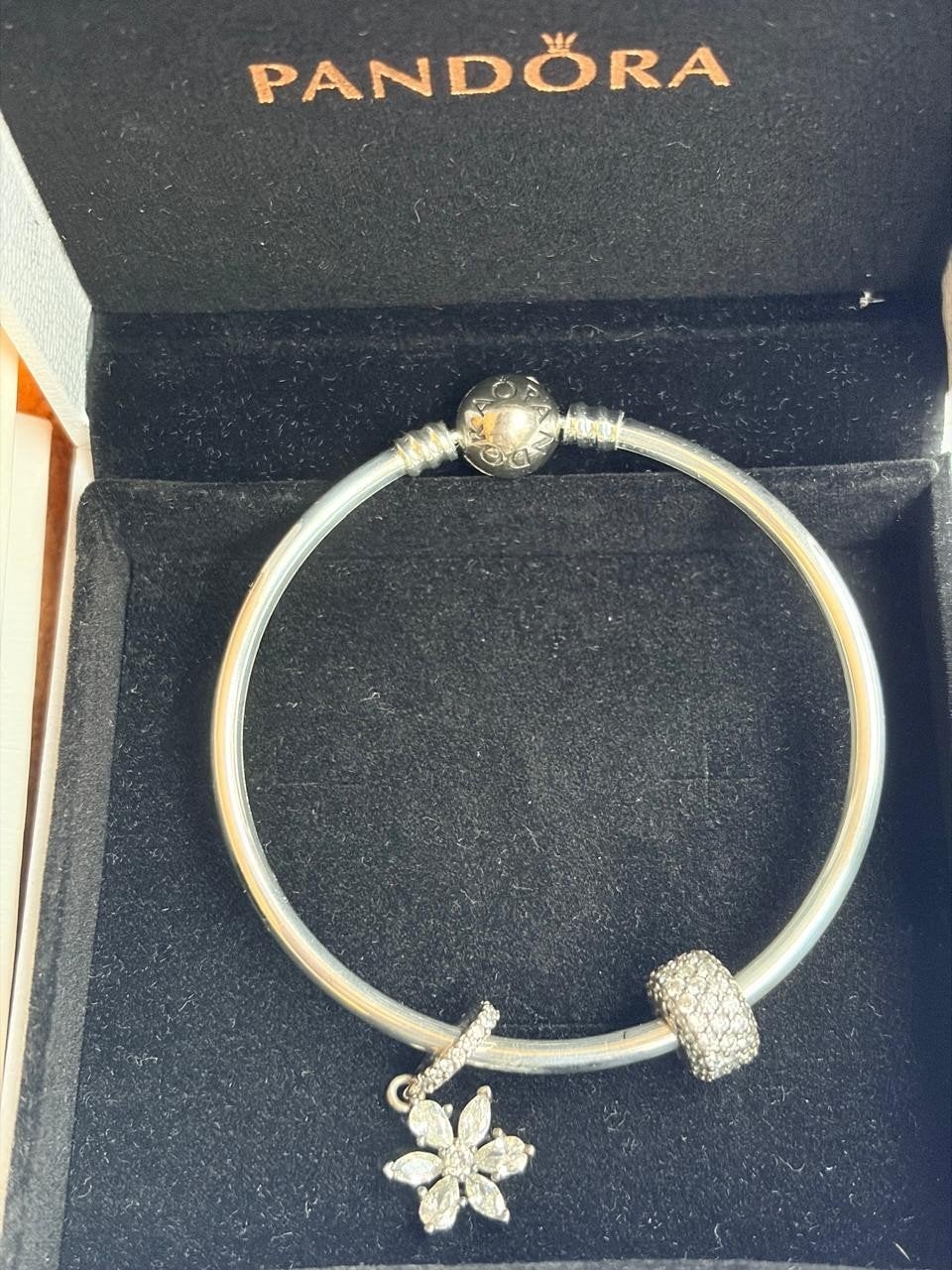 Pandora Armband met bedels en doosje, Pandora, Ophalen of Verzenden, Zo goed als nieuw, 2 of 3 bedels