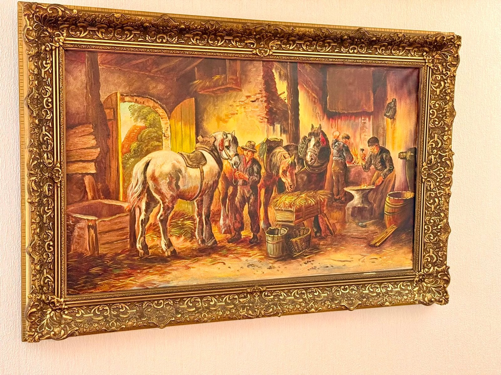 Klassiek schilderij: Paarden in de smederij, Ophalen, Gedateerd, Doek, Dieren