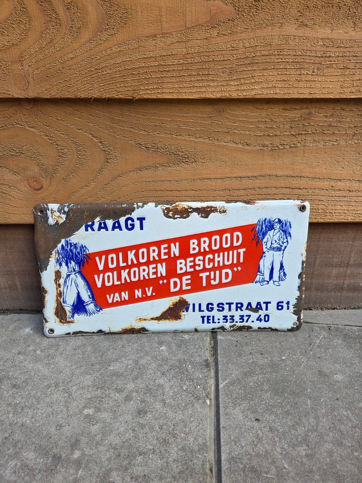 emaille bord volkoren brood de tijd, Verzamelen, Ophalen of Verzenden, Gebruikt, Reclamebord
