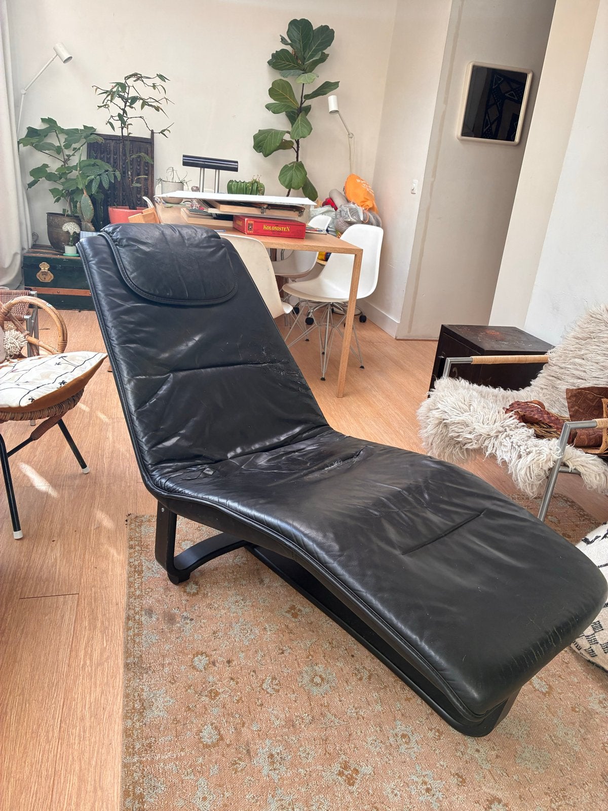 Zwarte leren chaise longue - Relling by Westnova, Ophalen, Gebruikt, Leer, 75 tot 100 cm