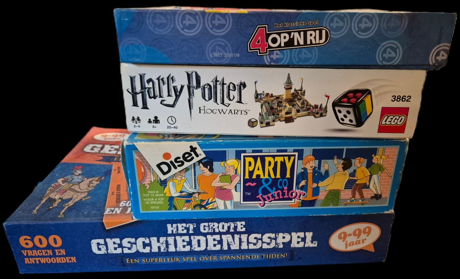 4x Gezelschapsspellen: Harry Potter, 4 op 'n Rij, Party & Co, Vijf spelers of meer, Ophalen, Gebruikt, Lego, Diset