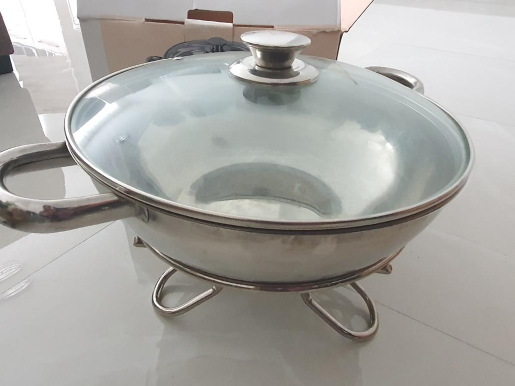 Wok-serveerpan roestvrijstaal met rechaud, Ophalen of Verzenden, Zo goed als nieuw, Rvs, Wok
