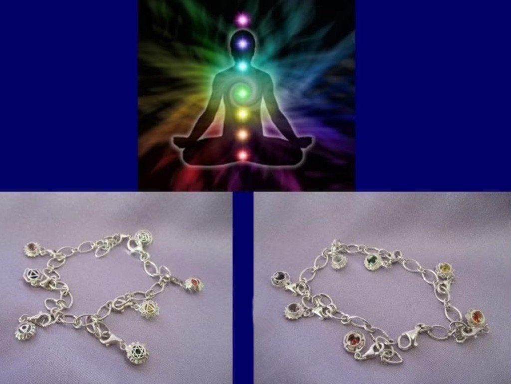 Zeer fraaie zilveren 7 Chakra’s bedelarmband, Verzenden, Nieuw, Met edelsteen, Zilver