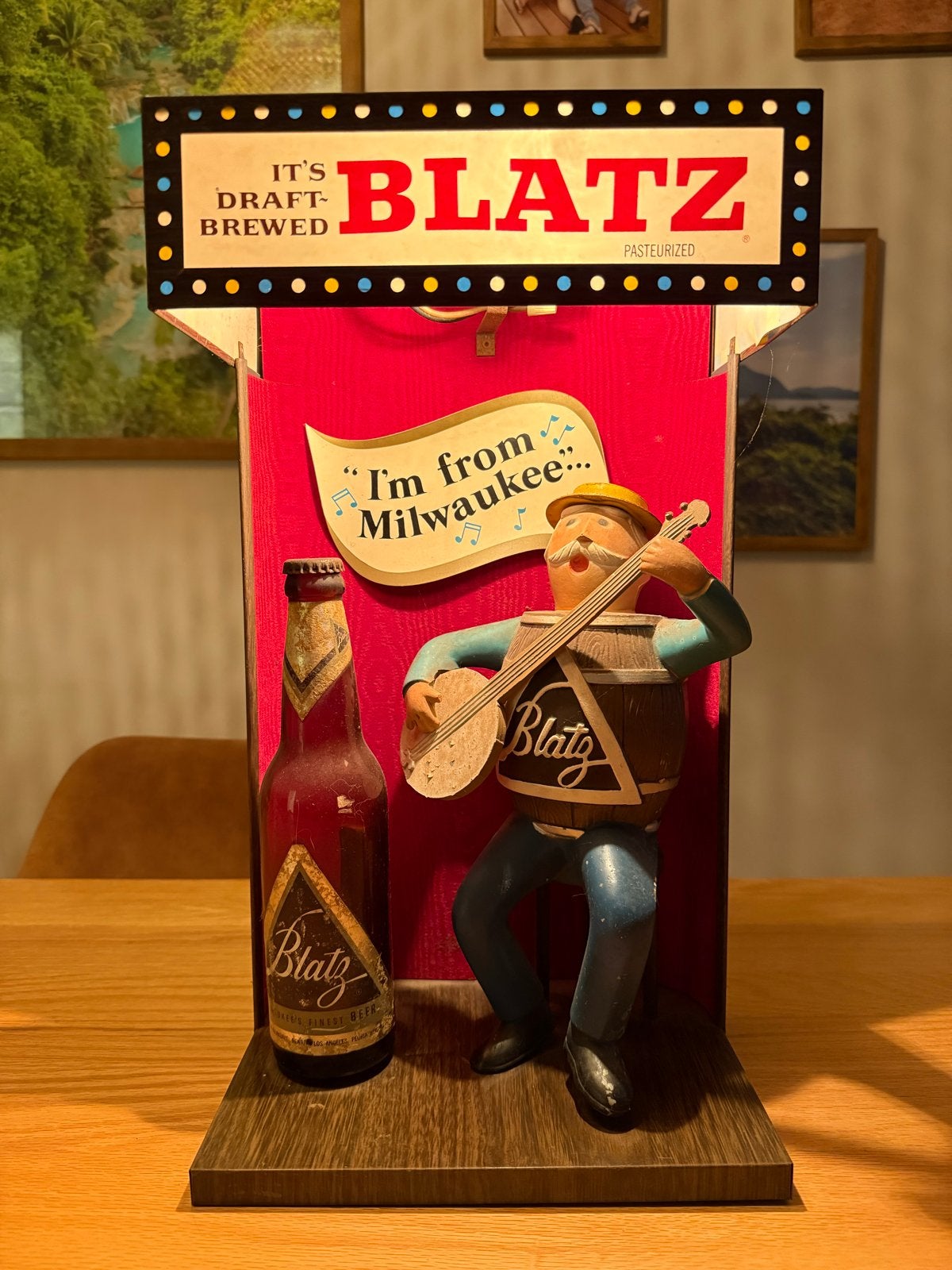 Zeldzaam Blatz Bier Banjo Speler Lichtreclame Jaren '50, Verzamelen, Merken en Reclamevoorwerpen, Ophalen, Gebruikt, Lichtbak of (neon) lamp