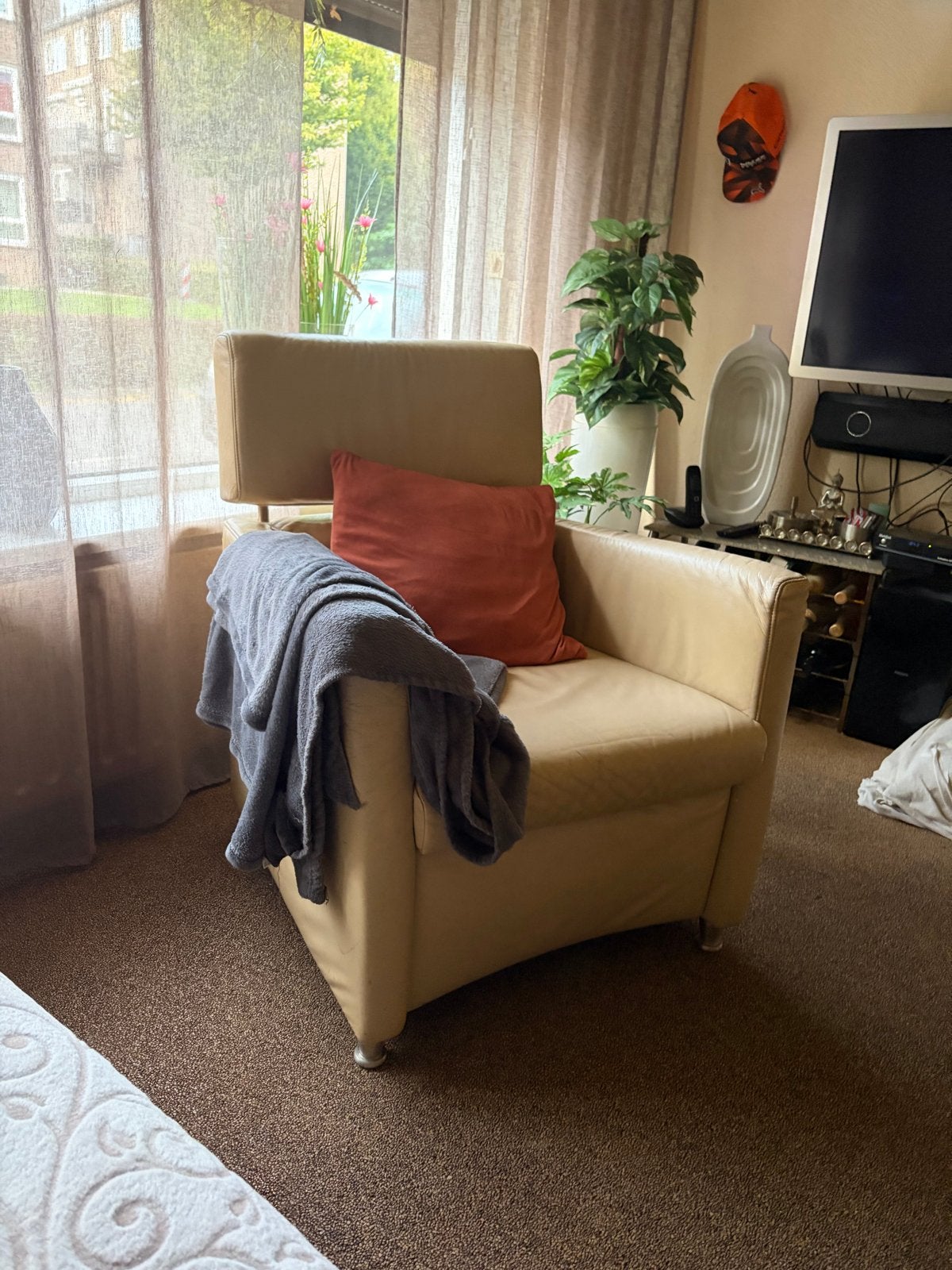 Leren fauteuil - Beige/Crème, Ophalen, Gebruikt, Leer, 75 tot 100 cm