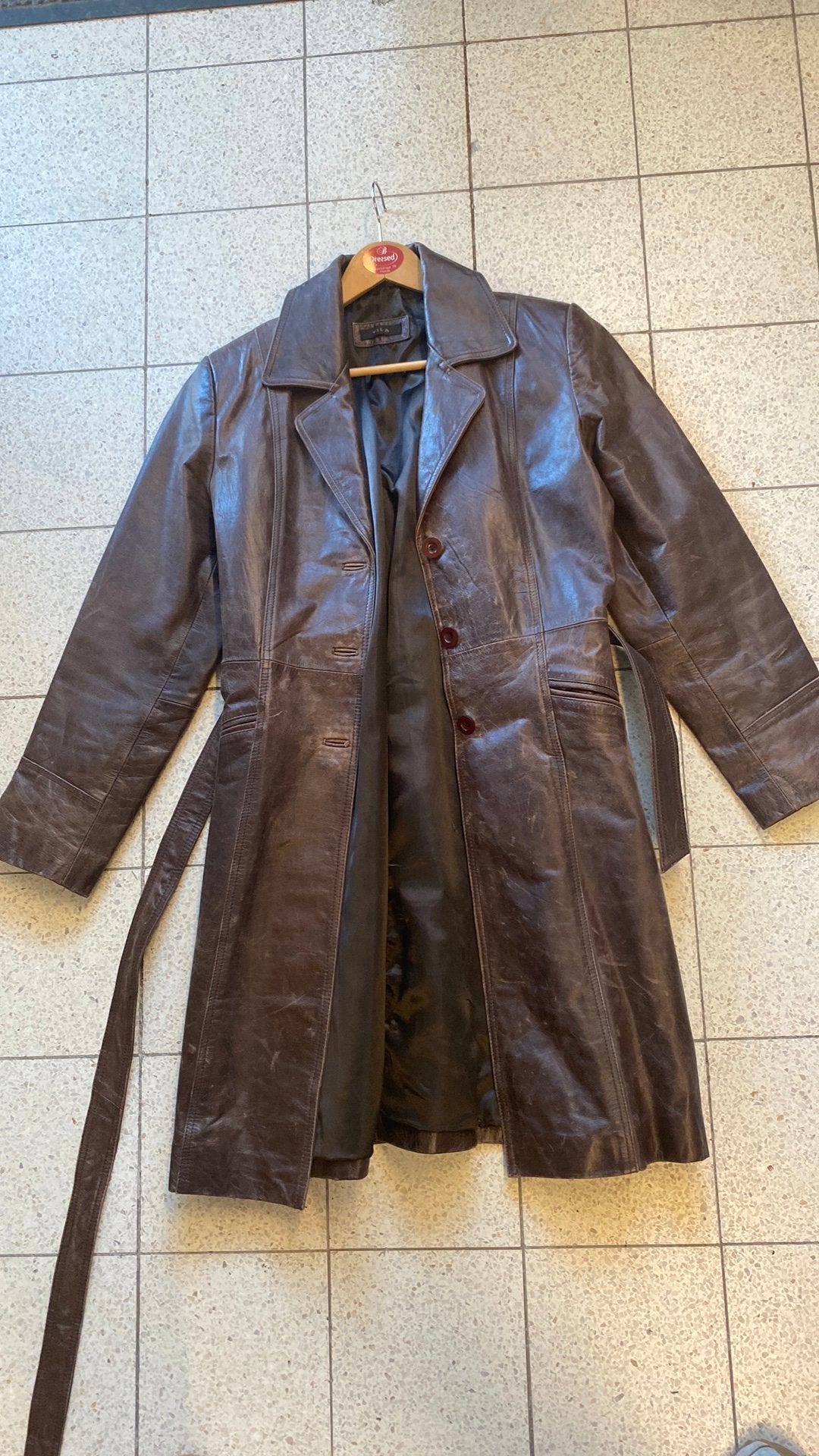 Vintage lange leren jas, Ophalen, Gedragen, Maat 38/40 (M), Bruin