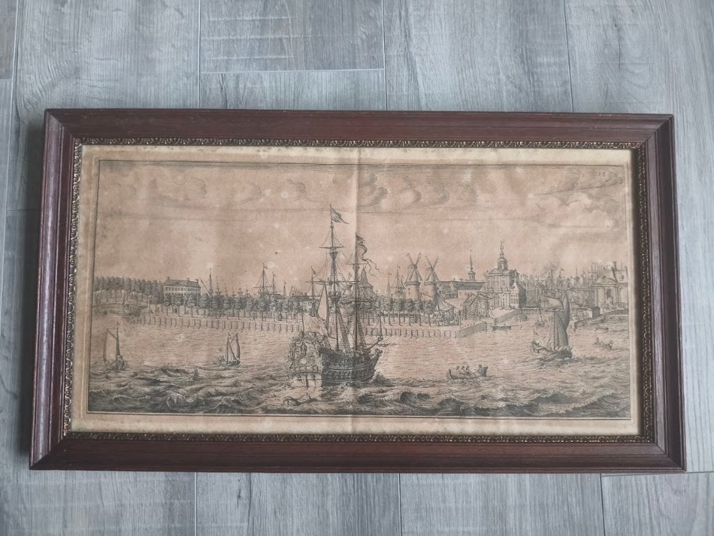 Kopergravure Leuvehaven te Rotterdam circa 1694, Ingelijst, Stadsgezicht, Gravure, 34 cm