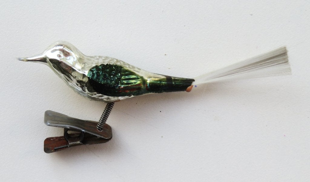 Oude Kerstbal: Vogeltje op knijper 07 zilver groene vleugels, Diversen, Kerst, Ophalen of Verzenden